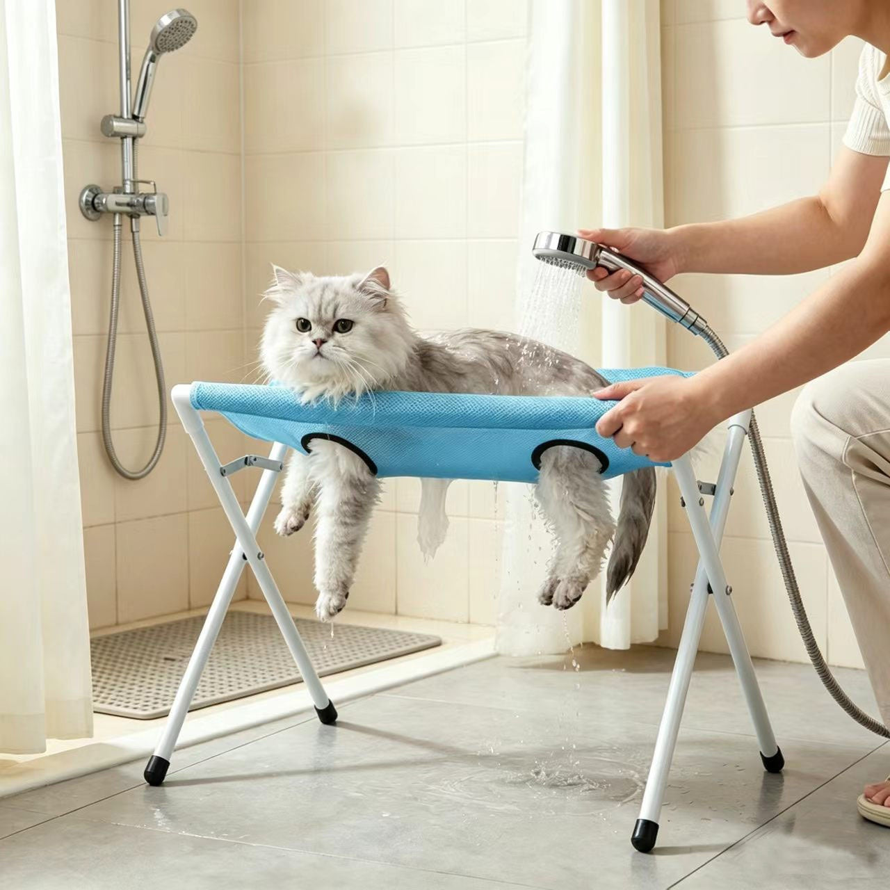 Foldable Pet Bathing Hammock Stand for Cats & Small Dogs – Adjustable Grooming Bath Support