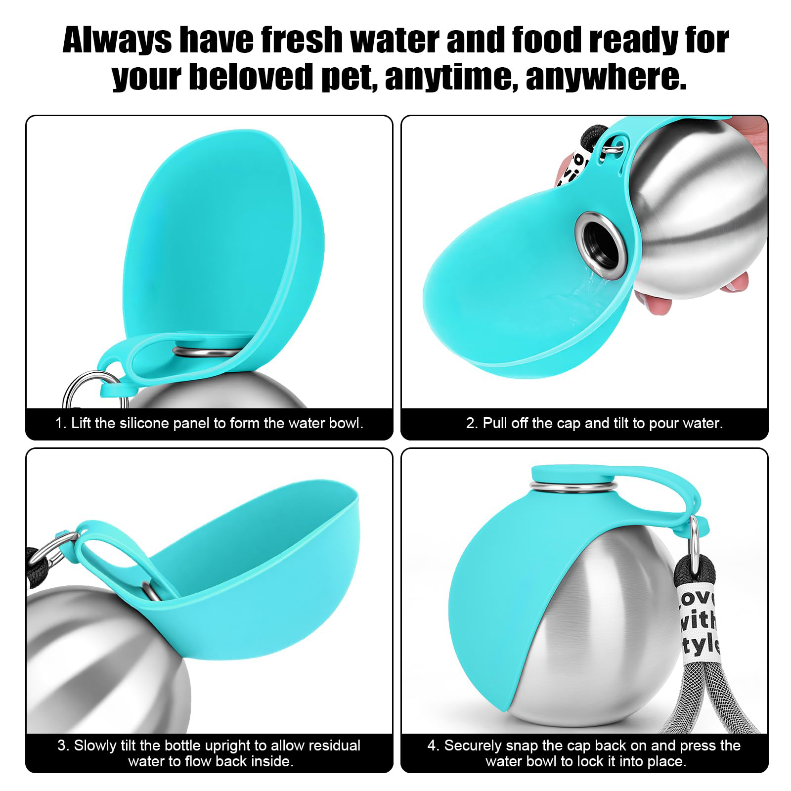Portable Dog Water Bottle 10oz Stainless Steel Travel Dog Water Dispenser with Silicone Bowl, Leak-Proof No-Spill Puppy Water Bottle for Walking, Hiking, Camping & Travel