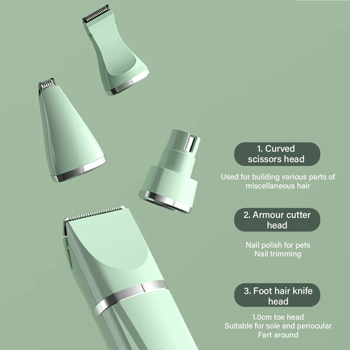 Pet Supplies 4X Hair Grooming Cordless Trimmer Shaver Kit A green cordless trimmer shaver kit for pets, including the main trimmer unit, a charging base, a cleaning brush, and an attachment comb on green background