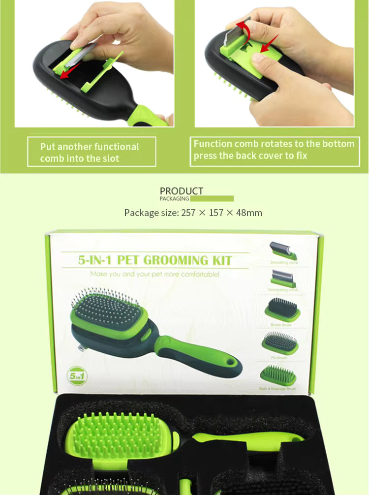 Pet Supplies 5-in-1 pet grooming kit with packaging on a green background
