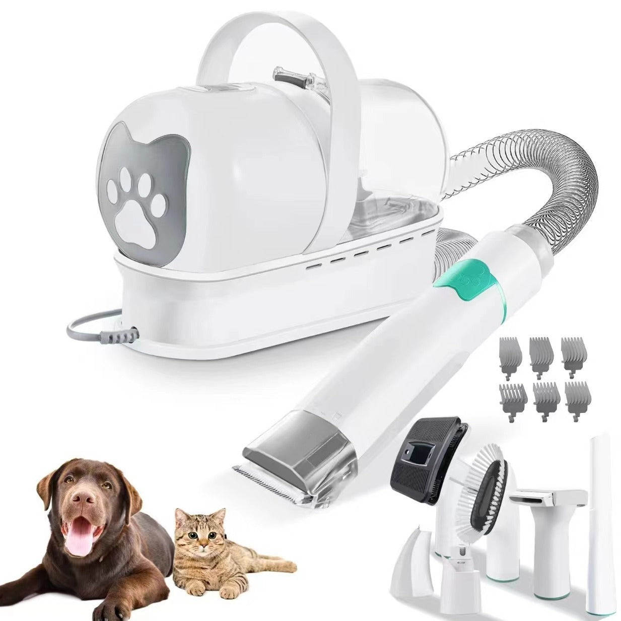 Pet Supplies 7-in-1 Multifunctional Pet Grooming Device A 7-in-1 multifunctional pet grooming device with various attachments and a pet hair dryer, displayed alongside images of a dog and a cat, indicating the product's use for pet care.
