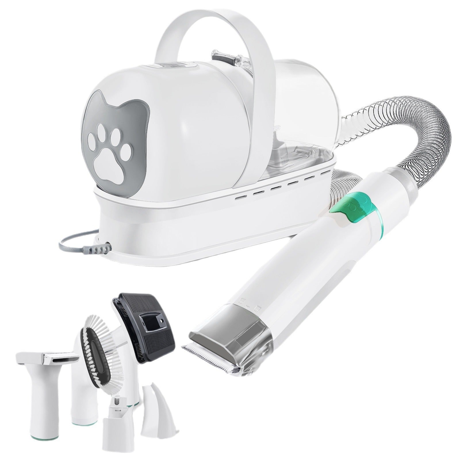Pet Supplies 7-in-1 Multifunctional Pet Grooming Device A 7-in-1 multifunctional pet grooming device with various attachments and a pet hair dryer, indicating the product's use for pet care with white background
