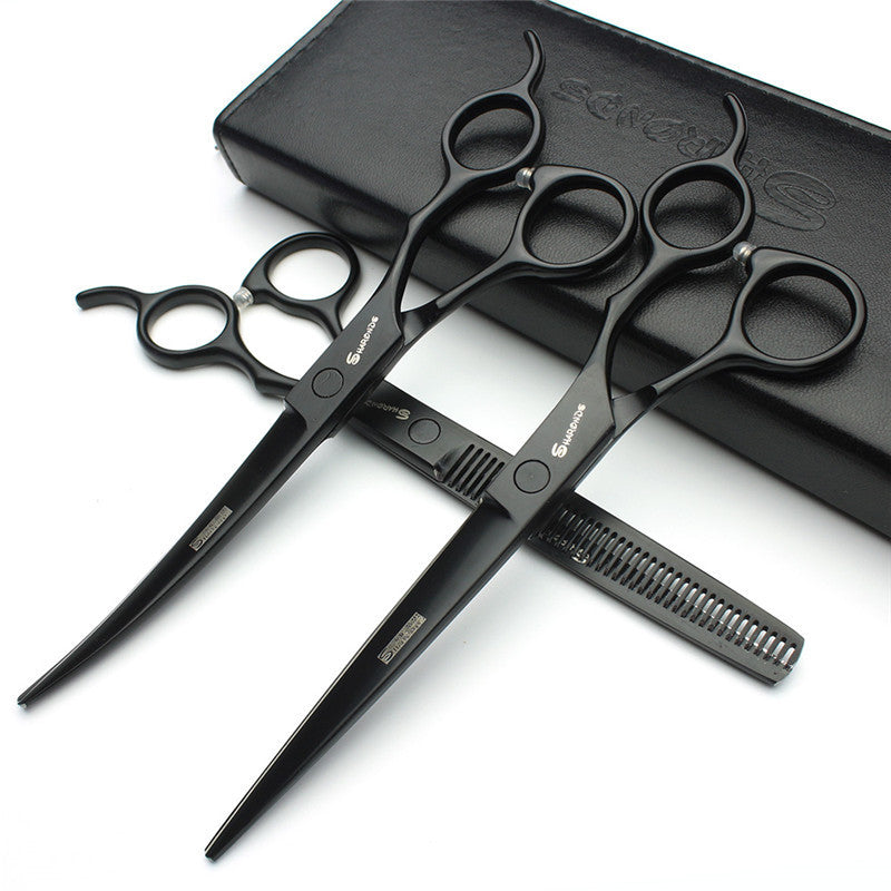 Pet Supplies 7 inch pet grooming scissors A pair of black 7 inch pet grooming scissors with textured handles, displayed in front of a black box.