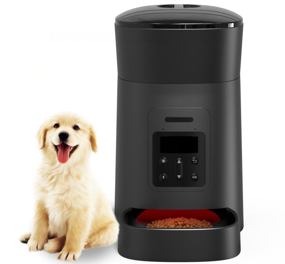Pet Supplies Automatic Dog Feeder A Black automatic pet feeder with a digital control panel and food partially visible at the bottom with a image of cat