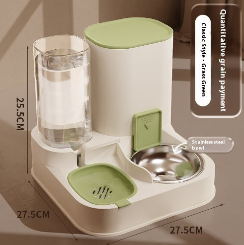 Pet Supplies Automatic Pet Feeder & Water Dispenser An automatic pet feeder with a stainless steel bowl and a clear water reservoir, in a color close to beige, with a cat eating from it with measurement view