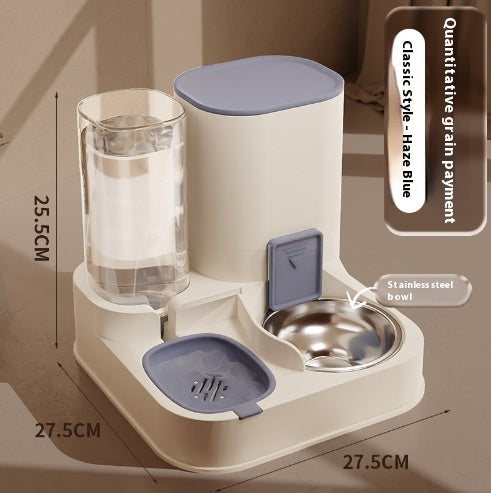 Pet Supplies Automatic Pet Feeder & Water Dispenser An automatic pet feeder with a stainless steel bowl and a clear water reservoir, in a color close to beige, with a cat eating from it with measurement view of light purple