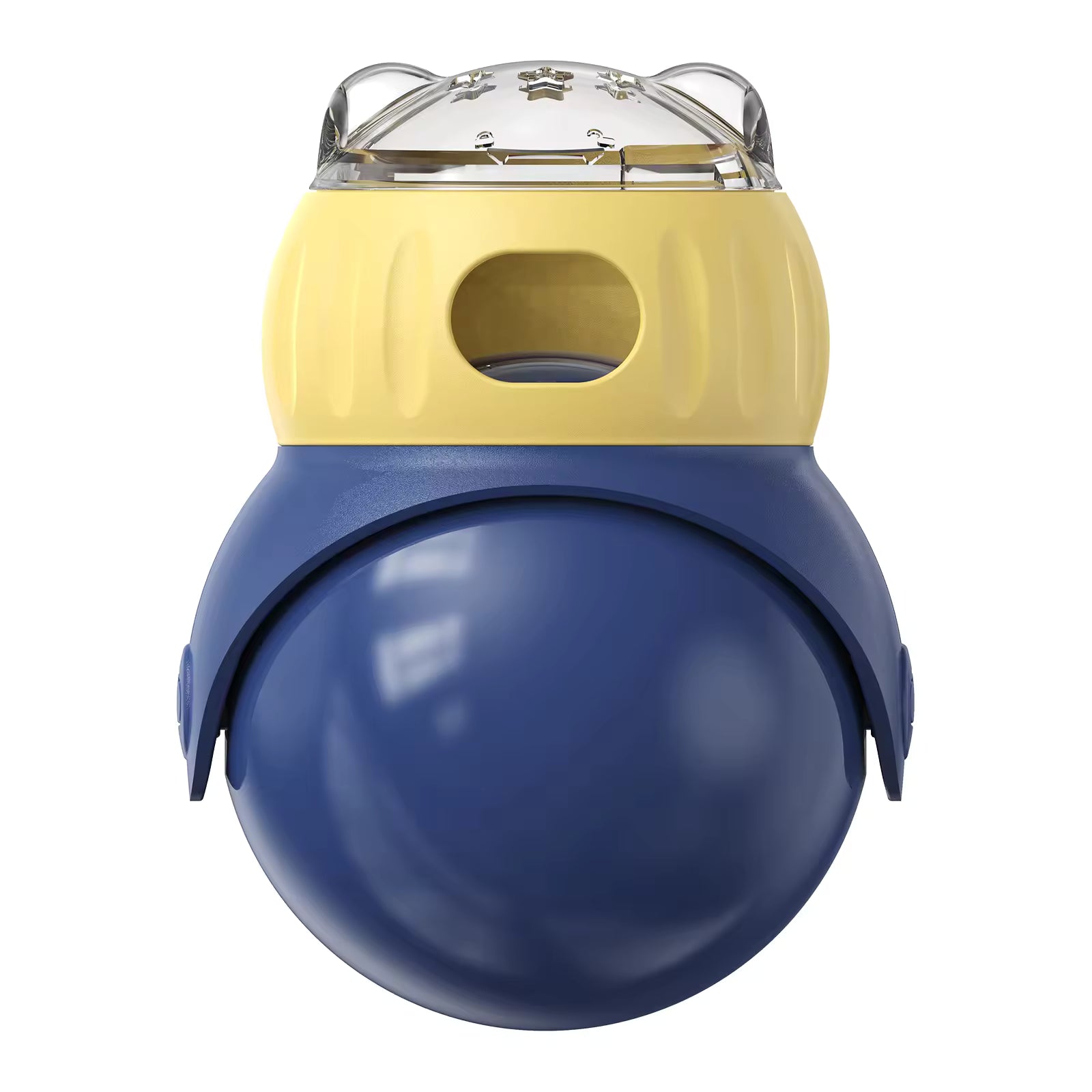 Pet Supplies Blue and yellow Pet Food Dispensing ball-shaped object on a white background