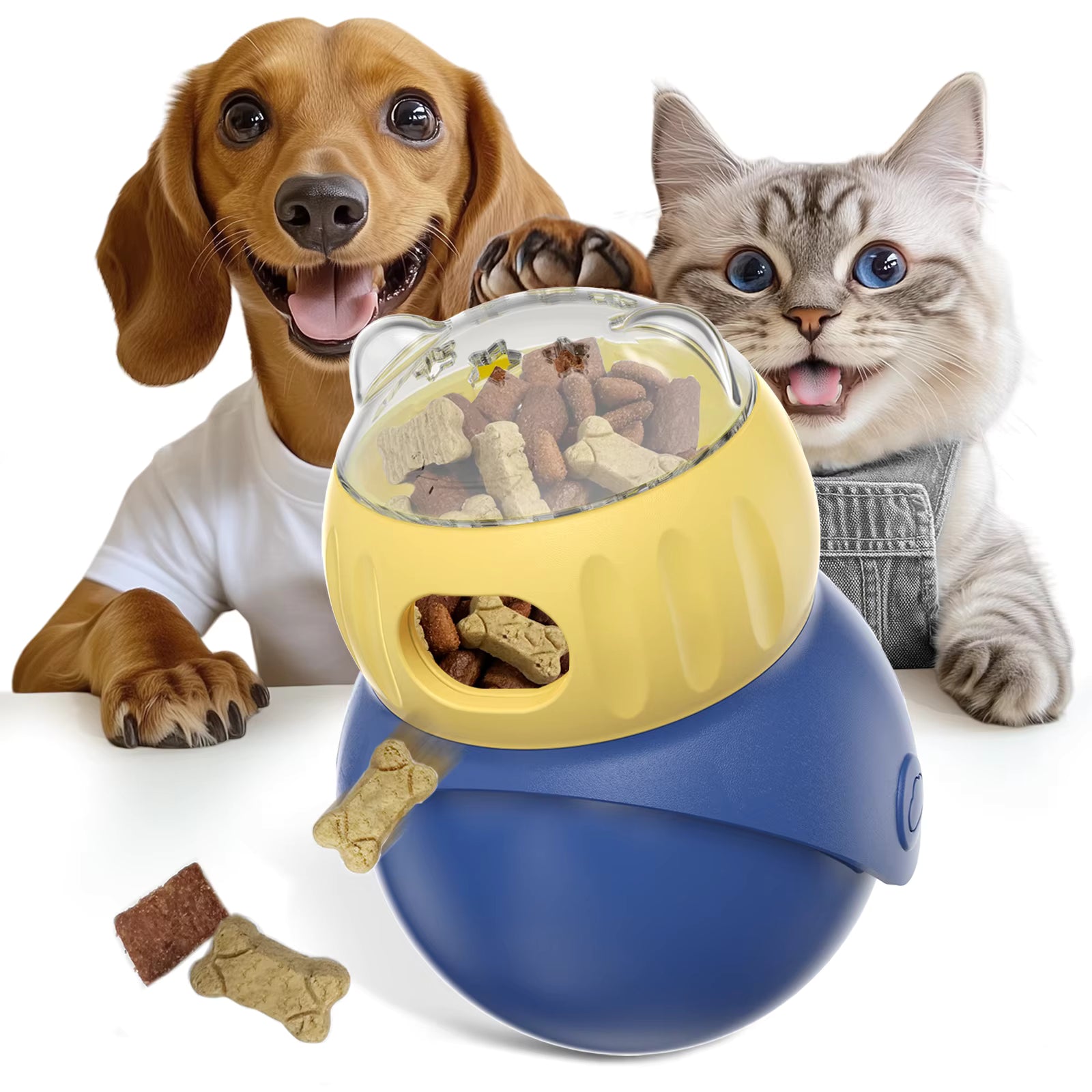 Pet Supplies Blue and yellow pet toy with treats, surrounded by a dog and a cat on a white background