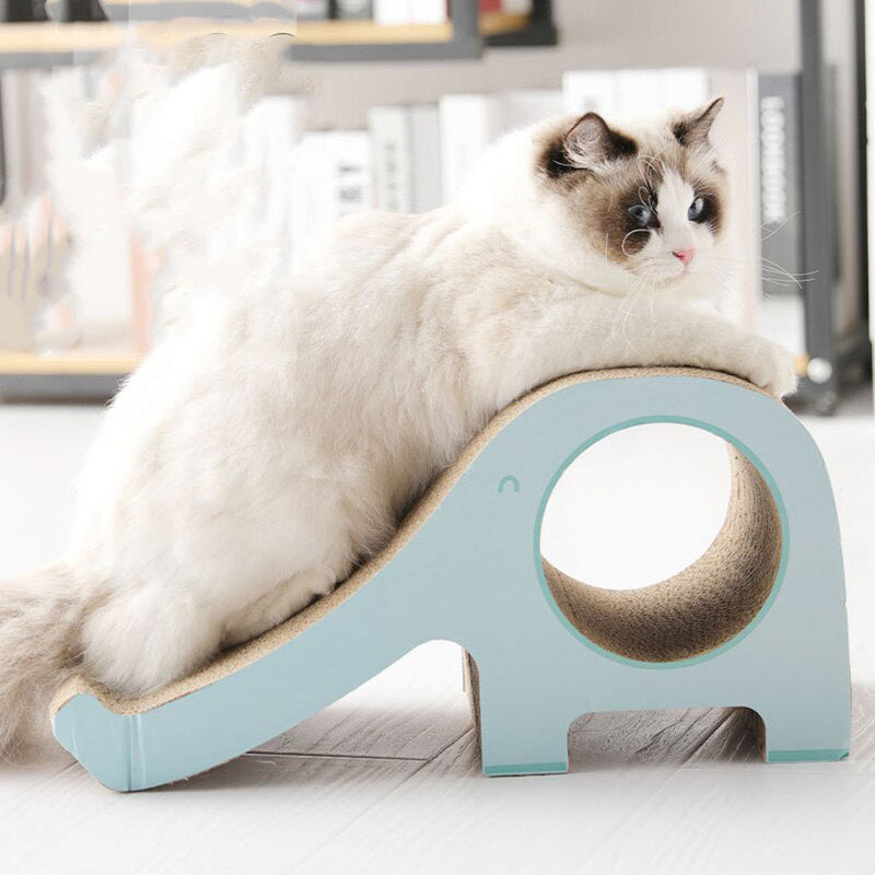 Pet Supplies Cat Climbing Frame Scratch Board A beige and blue cat climbing frame scratch board with a ramp and a small hole on one side with a cat on it
