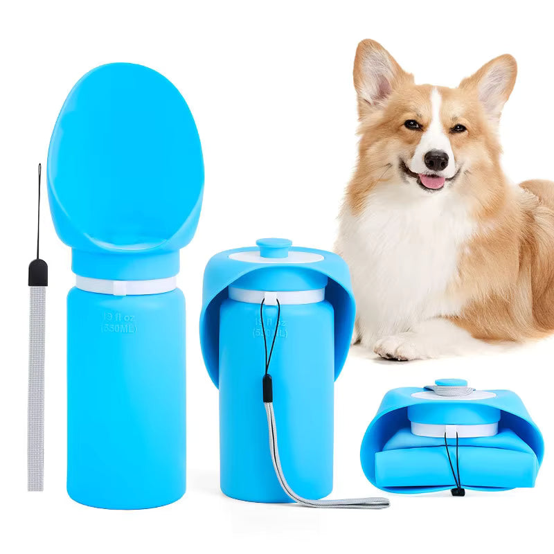 Pet Supplies Collapsible Portable Pet Water Bottle Blue pet travel litter box with a dog sitting next to it on a white background