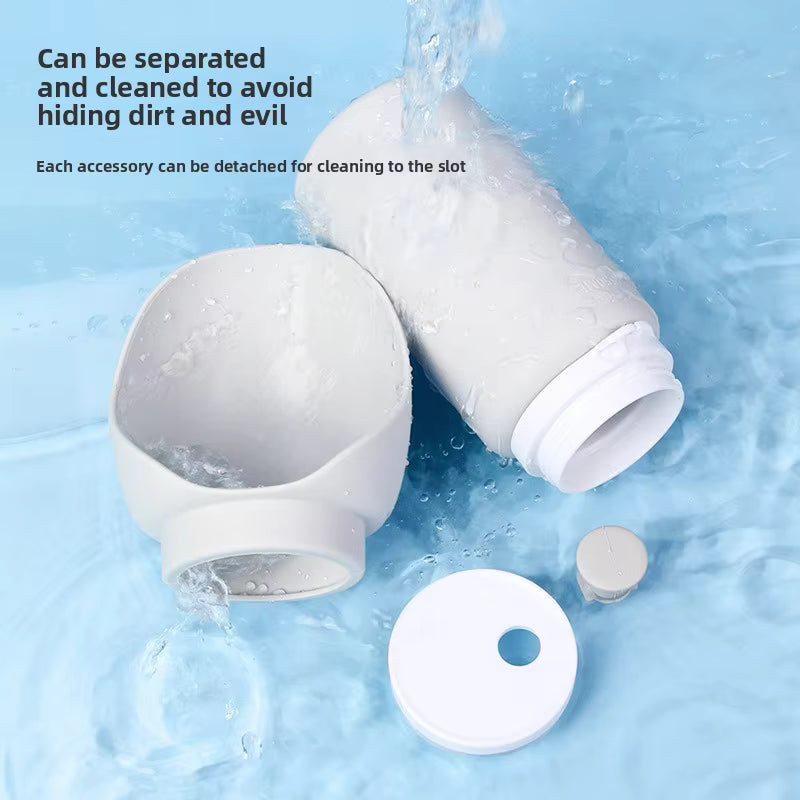 Pet Supplies Collapsible Portable Pet Water Bottle White cylindrical accessories with water droplets on a blue background