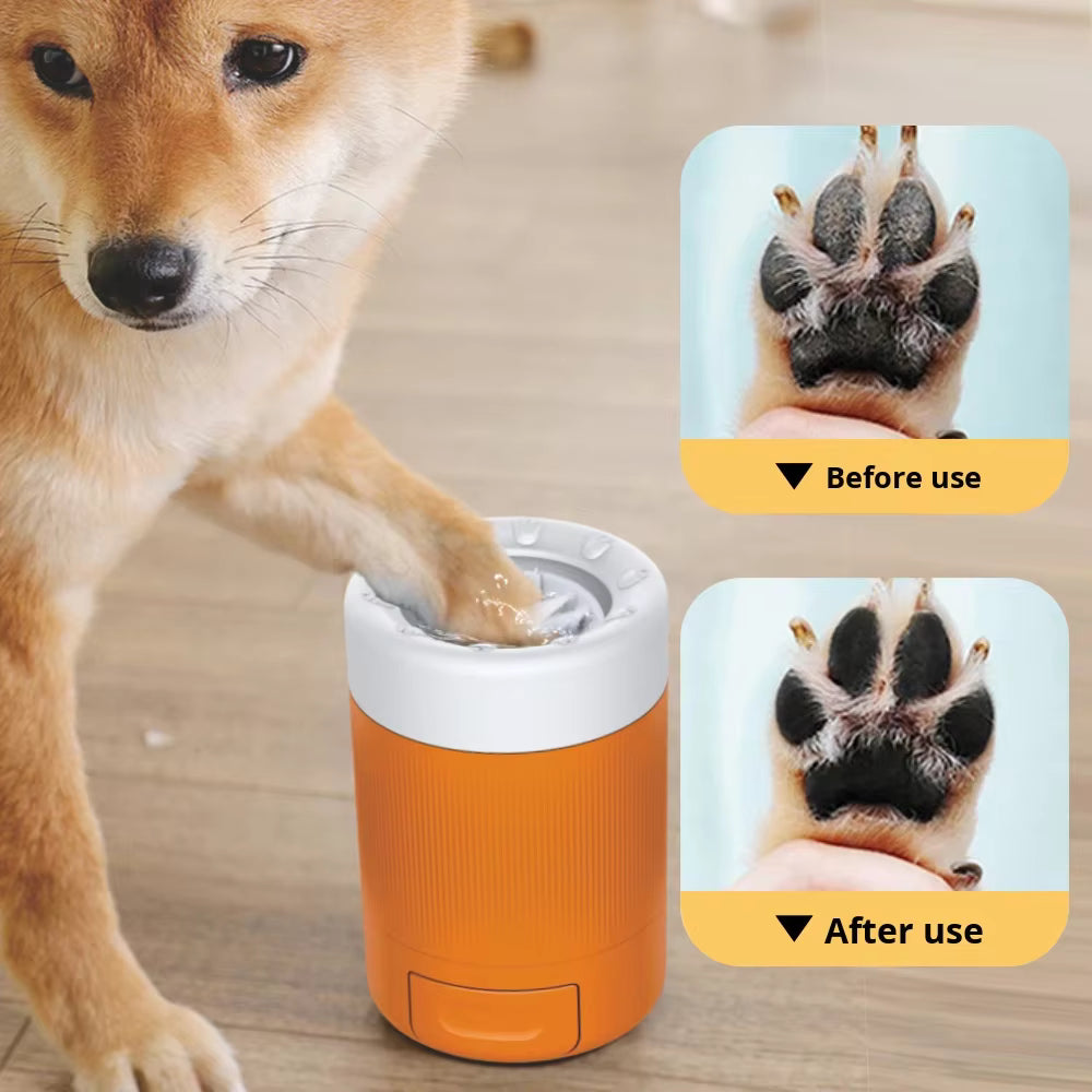 Pet Supplies Dog Paw Washer Cleaning Cup Dog using an orange paw cleaner with before and after images of a paw.