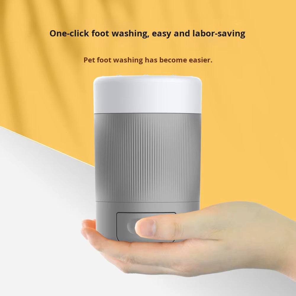 Pet Supplies Dog Paw Washer Cleaning Cup Gray and white pet foot washing device held in a hand with a yellow background