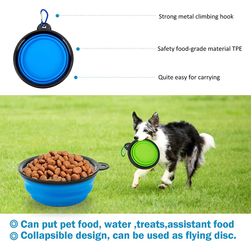 Pet Supplies Dog Treat Pouch Collapsible pet bowl with green lid, blue base, and metal climbing hook on grass with a dog