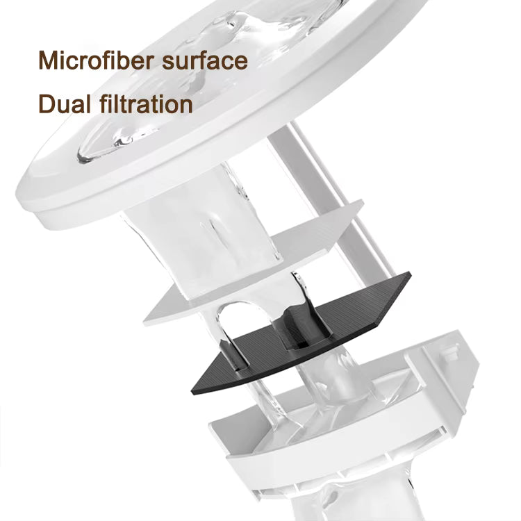 Pet Supplies Eco-Friendly Electric Automatic Pet Water Dispenser White and black air filter with text 'Microfiber surface' and 'Dual filtration' on a white background