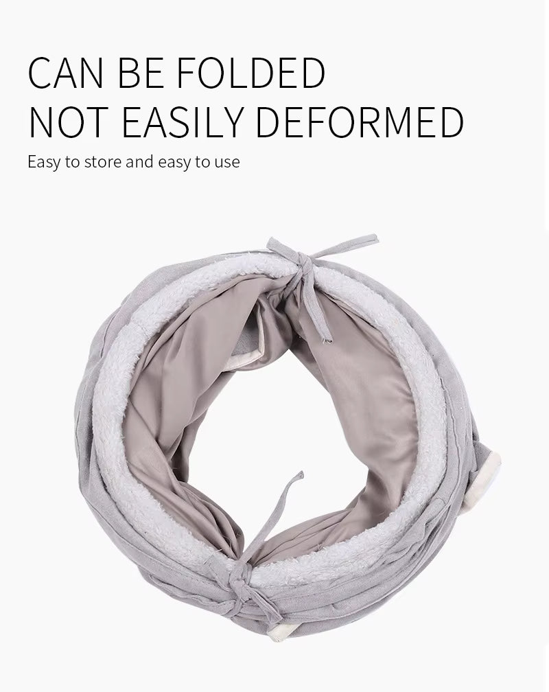 Pet Supplies Eco-Friendly Suede Cat Tunnel Toy Foldable fabric product with text indicating it can be folded and is easy to store and use.