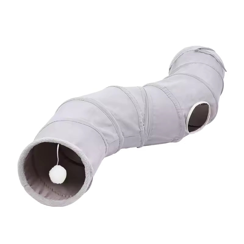 Pet Supplies Eco-Friendly Suede Cat Tunnel Toy Gray fabric tube with a small white ball inside on a white background
