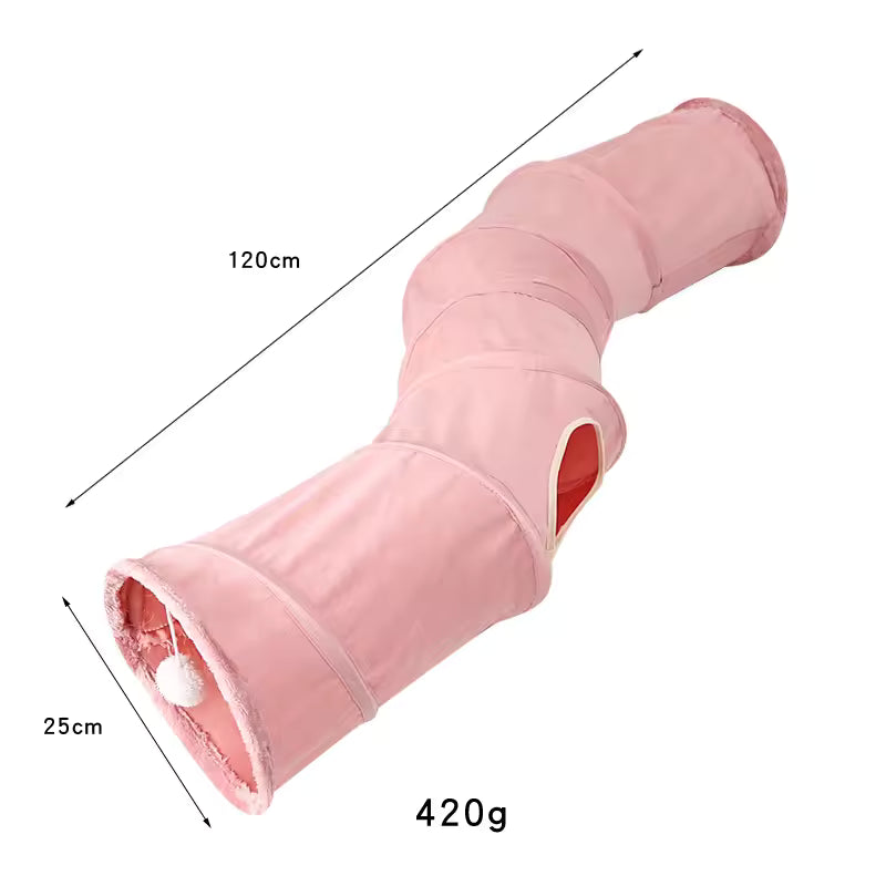 Pet Supplies Eco-Friendly Suede Cat Tunnel Toy Pink tunnel with measurements and weight on a white background