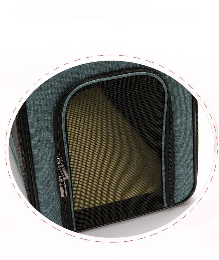 Pet Supplies Fashionable Folding Pet Bag A green and blue folding pet bag with a geometric pattern, featuring a handle and a zipper on white background on Circle View