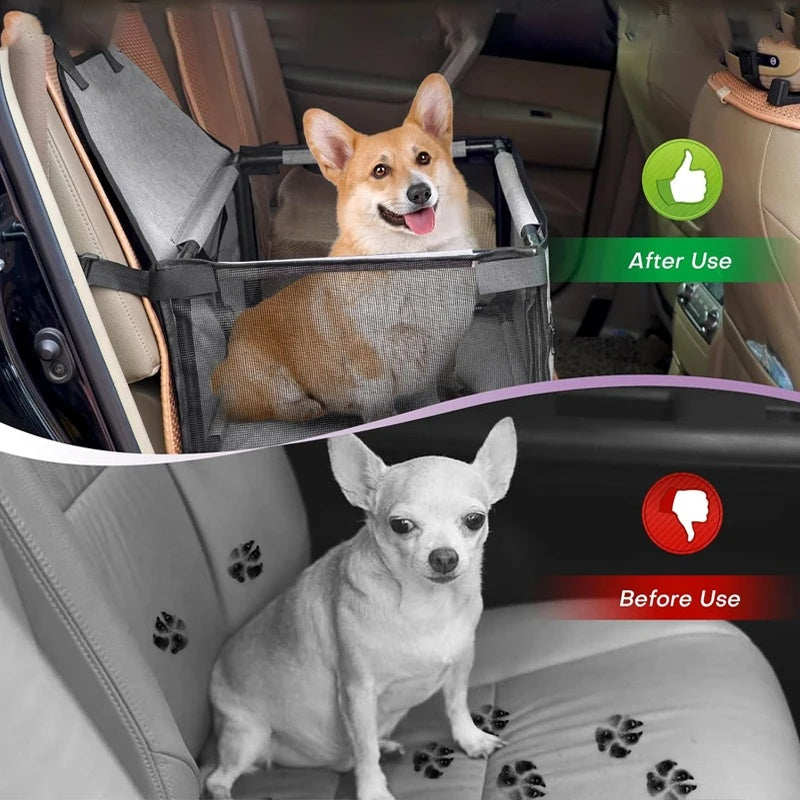 Pet Supplies Folding Hammock Pet Carrier with a dog on the seat of the car with two type of image