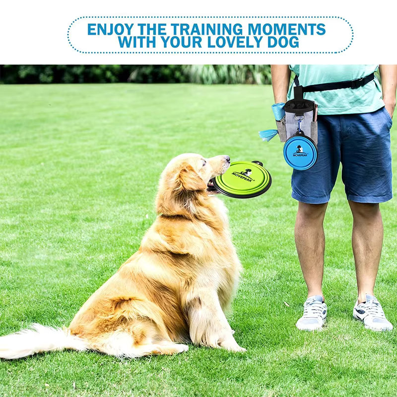 Pet Supplies GorisPet Waterproof Nylon Dog Treat Pouch Dog sitting on grass with a person holding a dog training device, with text 'Enjoy the training moments with your lovely dog