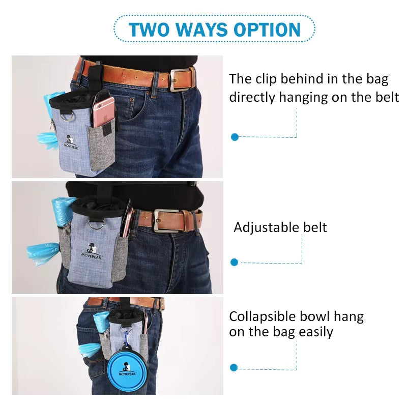 Pet Supplies GorisPet Waterproof Nylon Dog Treat Pouch Multifunctional tool bag with adjustable belt and collapsible bowl holder on a person wearing jeans.
