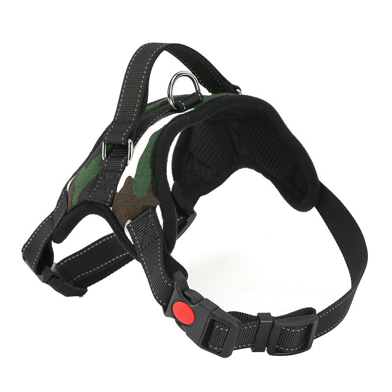 Pet Supplies Happy Pet Chest Harness A army color and black pet chest harness with adjustable straps and a red buckle.