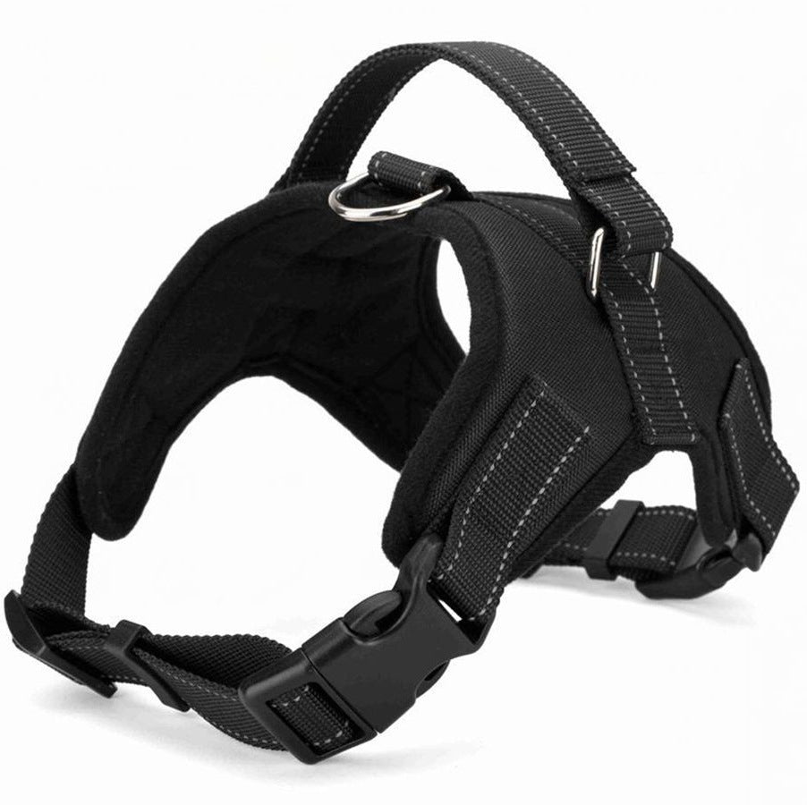Pet Supplies Happy Pet Chest Harness color black pet chest harness with adjustable straps and a red buckle.