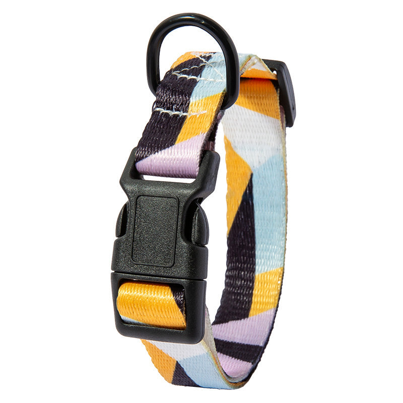 Pet Supplies Happy Pet Happy Dog Neck Collar A multicolored striped dog neck collar with a black plastic buckle and metal ring, a standard size view on white background view
