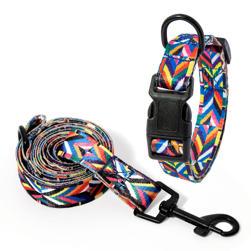 Pet Supplies Happy Pet Happy Dog Neck Collar A multicolored striped dog neck collar with a black plastic buckle and metal ring and a rolled a rolled belt standard size view on white background view in square display