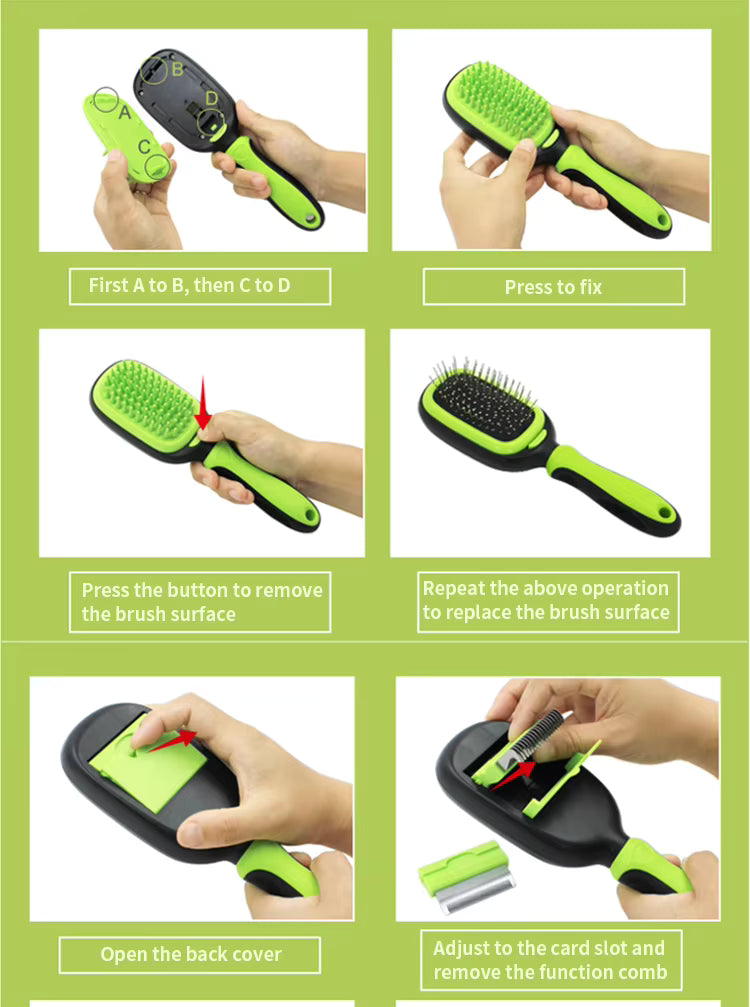 Pet Supplies Instructions for using a green and black pet grooming brush with text on a green background