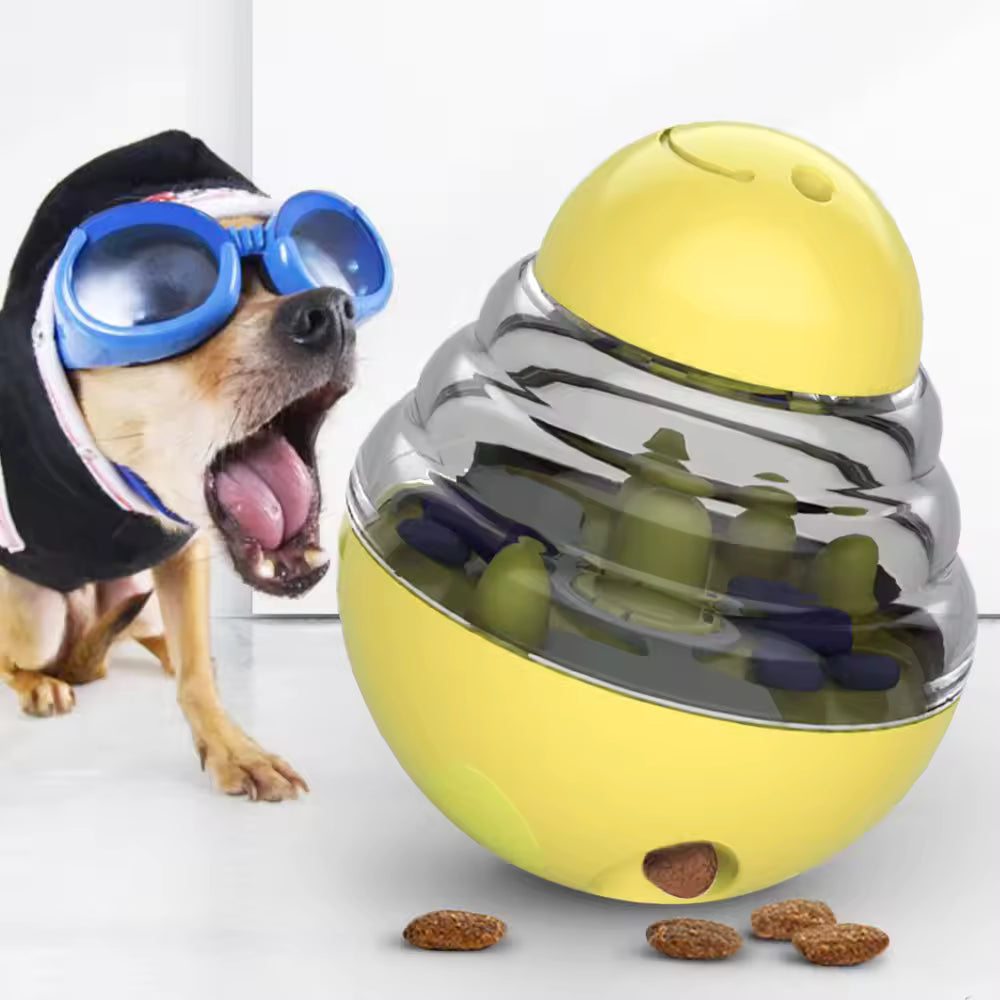 Pet Supplies Interactive Dog & Cat Treat Dispensing Toy Dog wearing goggles next to a yellow and silver interactive pet toy