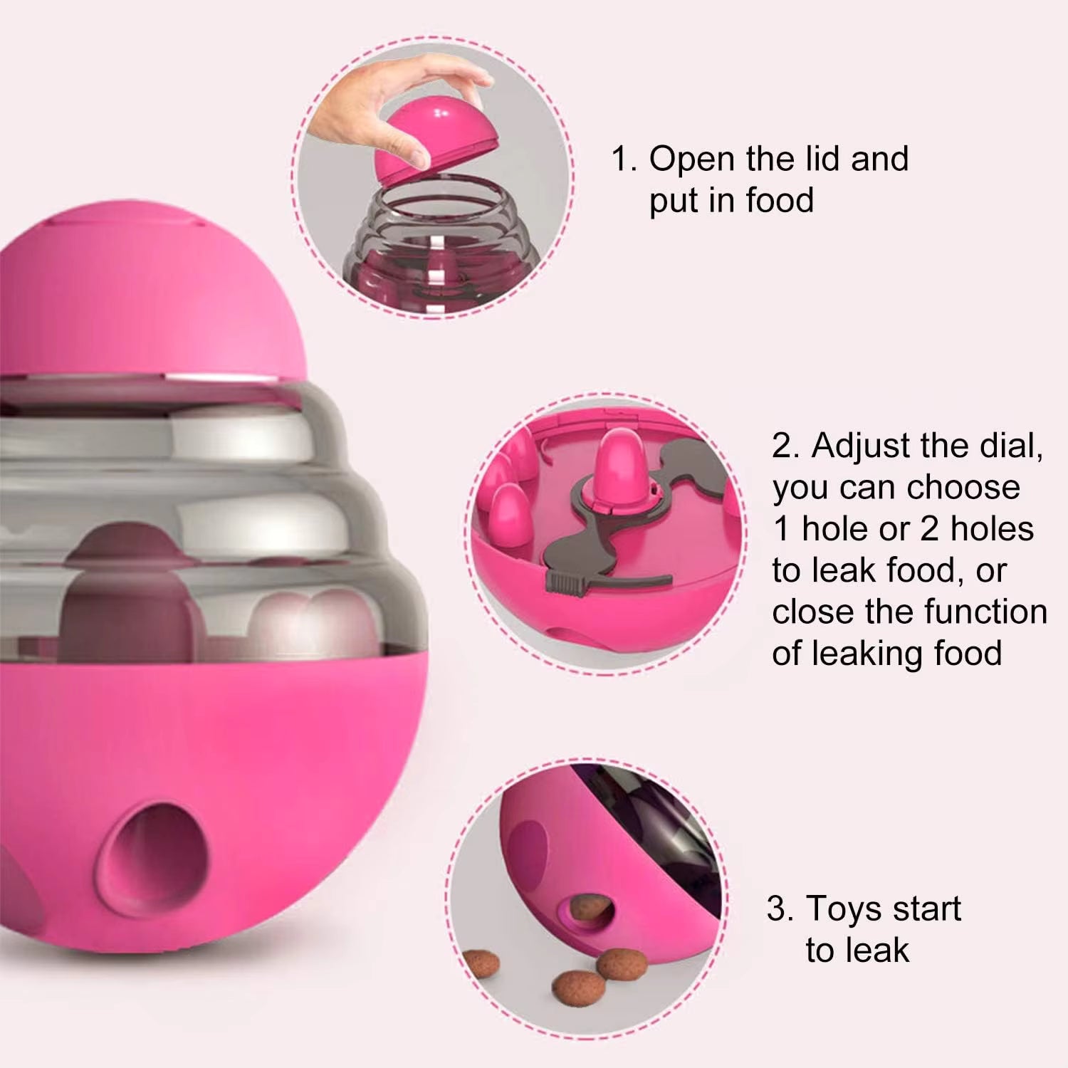 Pet Supplies Interactive Dog & Cat Treat Dispensing Toy Pink pet toy with instructions on how to use it
