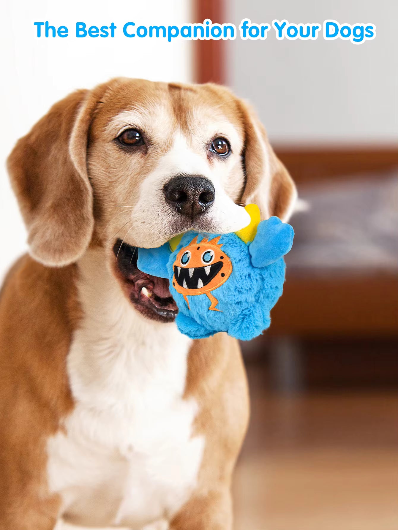 Pet Supplies Interactive Squeaky Plush Dog Toy Dog holding a blue toy with a monster design in its mouth, with text 'The Best Companion for Your Dogs' above.