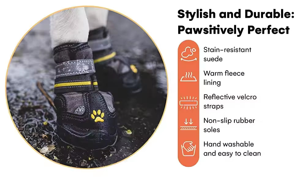 Pet Supplies Lovoyager Classic Leather Dog Shoes Dog paw with black protective boot on a snowy ground, featuring product features on the right.