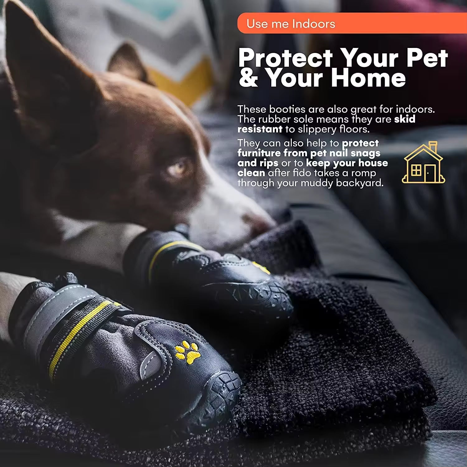 Pet Supplies Lovoyager Classic Leather Dog Shoes Dog wearing black protective boots with text about pet and home protection indoors.