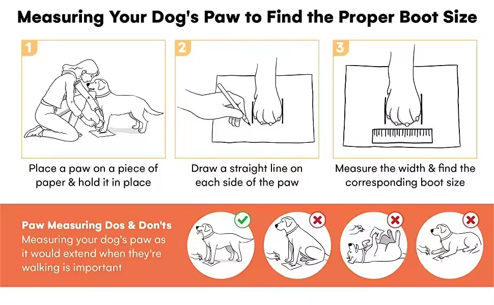 Pet Supplies Lovoyager Classic Leather Dog Shoes Instructions for measuring a dog's paw to find the proper boot size with illustrations and text.