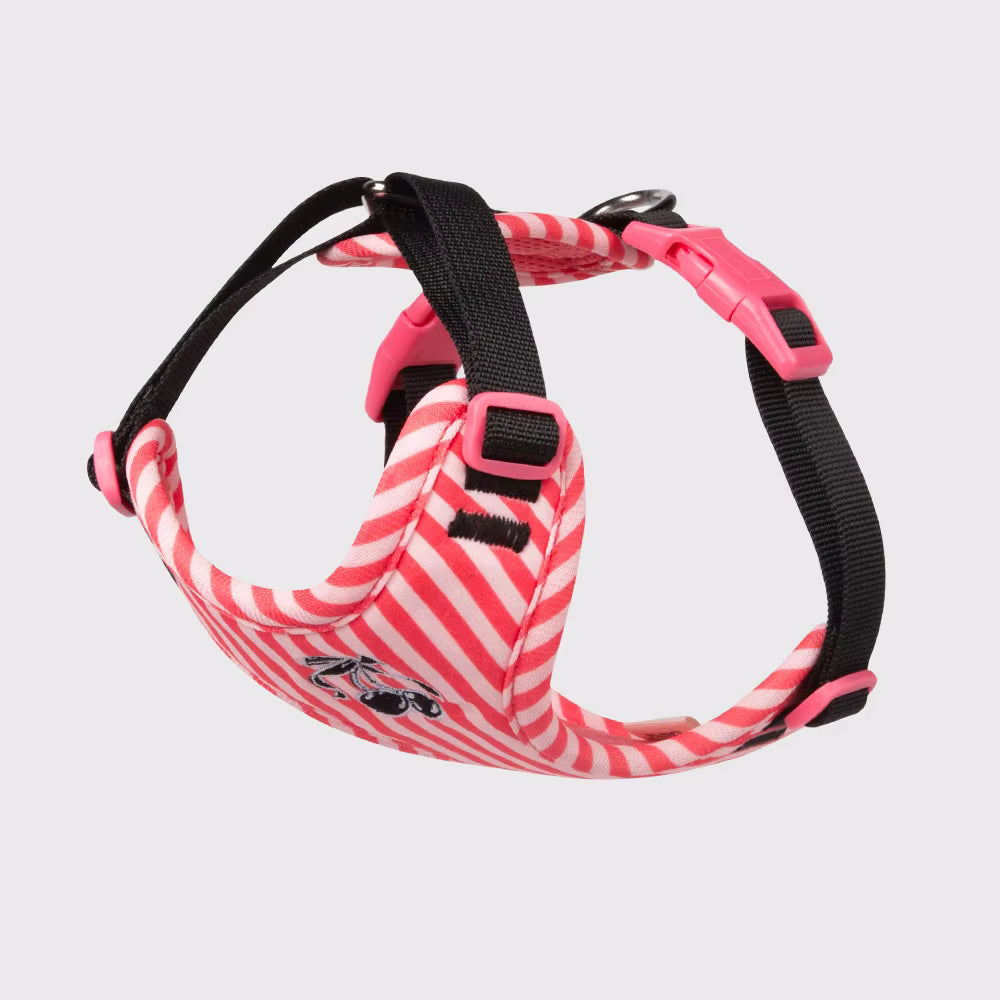 Pet Supplies Nunbell Cute Eco-Friendly Pet Harness Pink and white striped dog harness with black straps on a light gray background