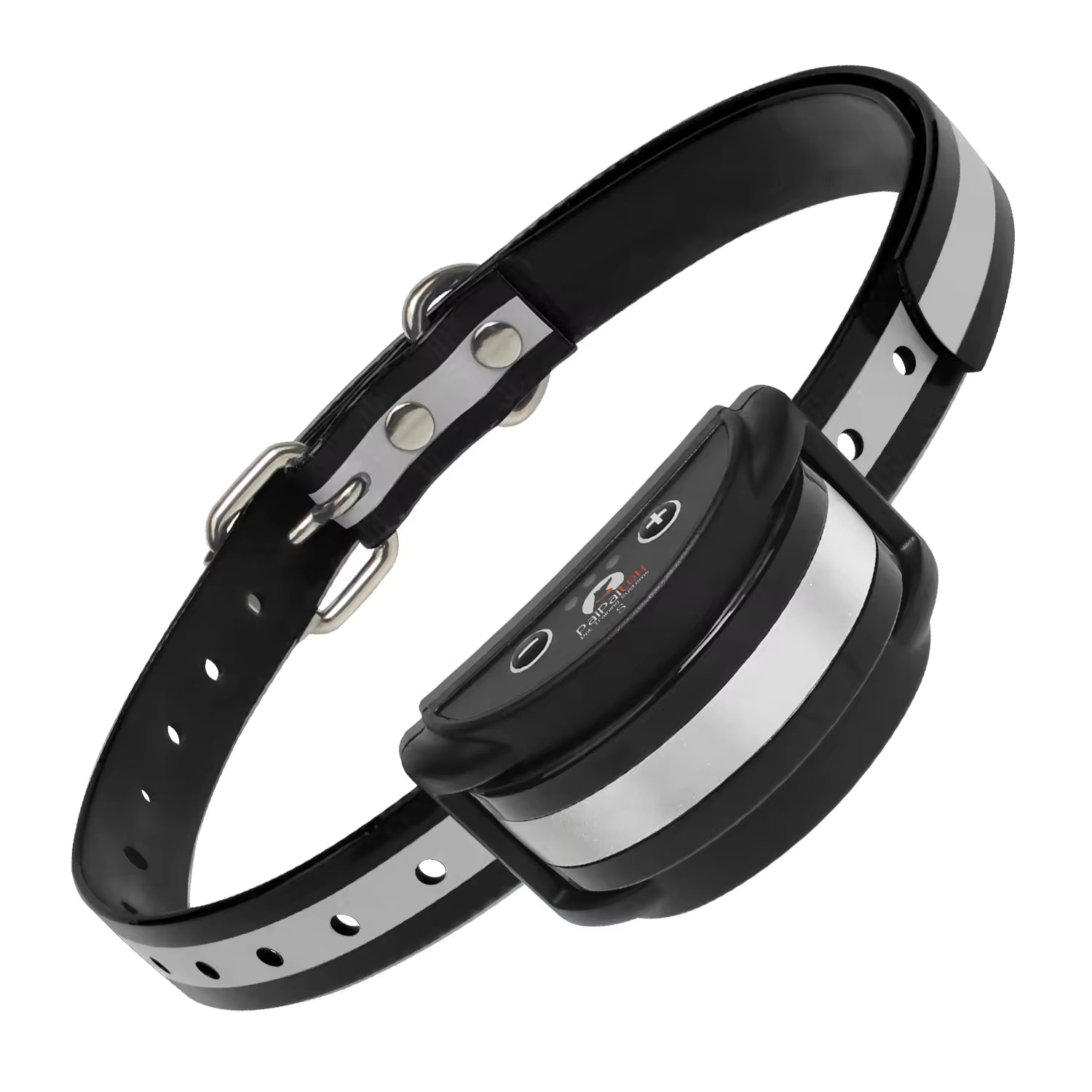 Pet Supplies Paipaitek Adjustable Dog Trainer Collar Black and silver dog collar with a central device on a white background