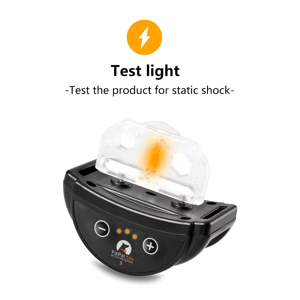 Pet Supplies Paipaitek Adjustable Dog Trainer Collar Black electronic device with a clear cover on a white background, featuring text about testing for static shock.