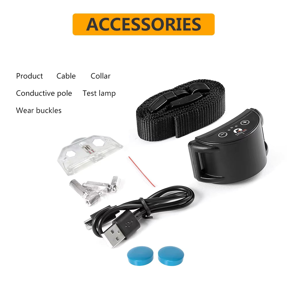 Pet Supplies Paipaitek Adjustable Dog Trainer Collar Collection of dog training accessories including a collar, cable, test lamp, and wear buckles on a white background.