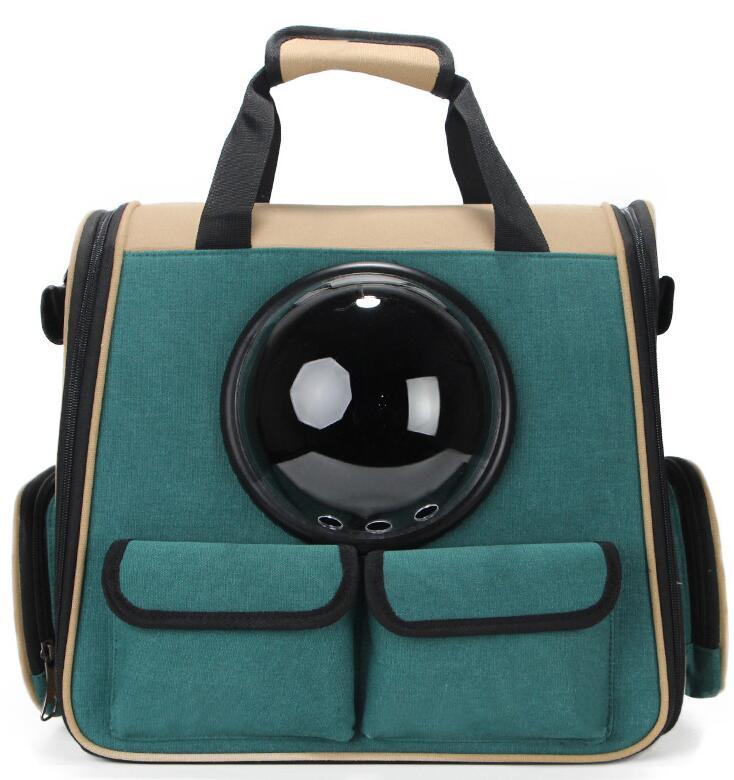 Pet Supplies Pet Bag Backpack Space Bag. The backpack is dark green in color with beige accents and features carry handles and side pockets with white background view layout