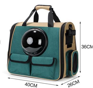 Pet Supplies Pet Bag Backpack Space Bag. The backpack is dark green in color with beige accents and features carry handles and side pockets with white background with measurement line