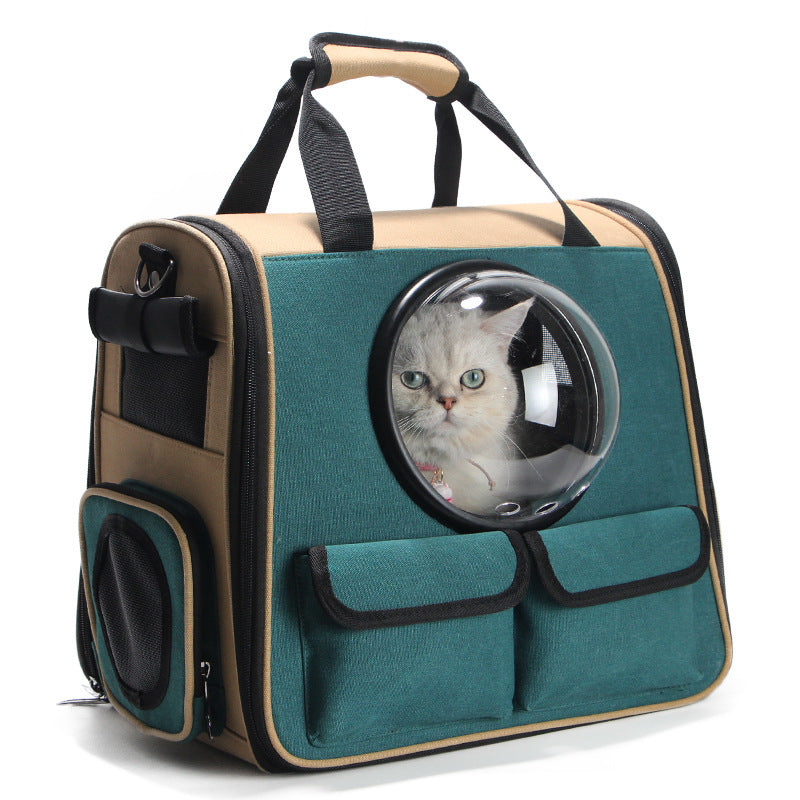 Pet Supplies Pet Bag Backpack Space Bag A pet bag backpack with a space capsule-like dome where a cat is looking out from the inside. The backpack is dark green in color with beige accents and features carry handles and side pockets.