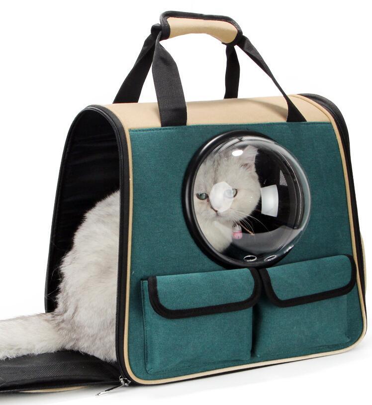 Pet Supplies Pet Bag Backpack Space Bag A pet bag backpack with a space capsule. The backpack is dark green in color with beige accents and features carry handles and side pockets with white background