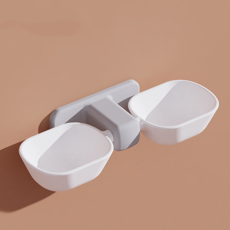 Pet Supplies Pet Double Bowl Feeder A white double pet bowl with adjustable height, set against a beige background.