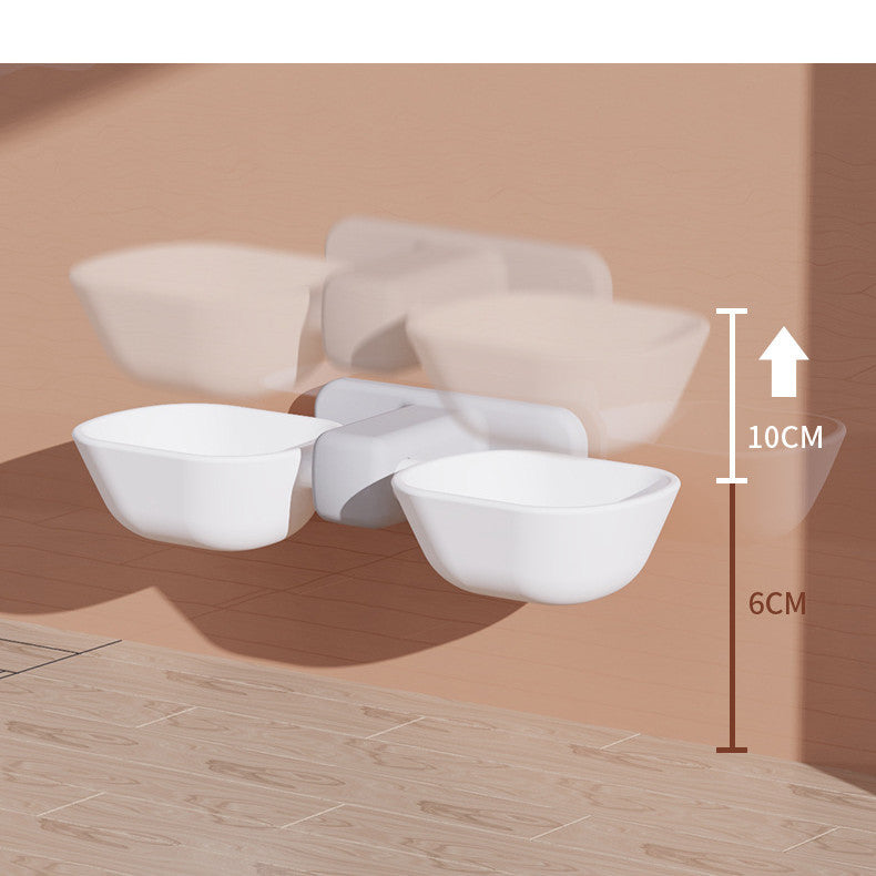 Pet Supplies Pet Double Bowl Feeder A white double pet bowl with adjustable height with horizontal measurement set against a beige background