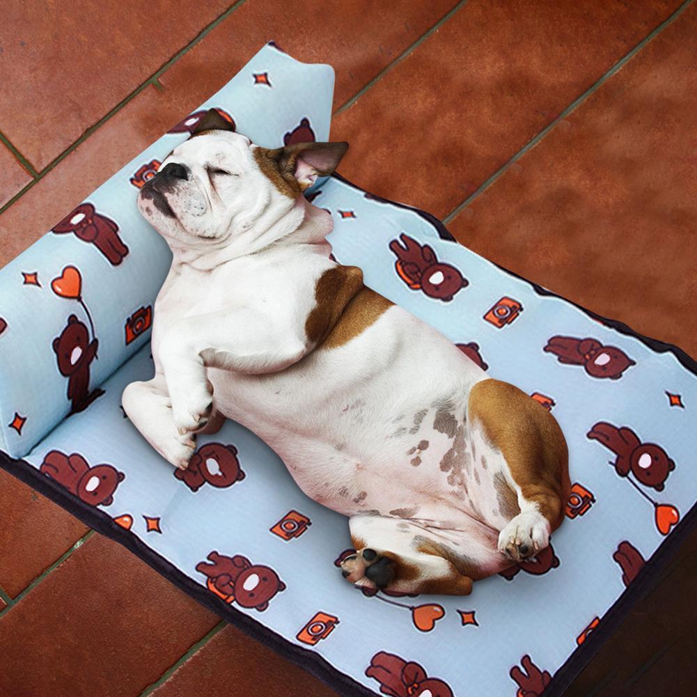 Pet Supplies Pet Pillow Mat Dog Multicolor Ice Pad a rectangular pet pillow mat with a multicolor design featuring various cartoonish animals, placed on a flat surface include a dog and cat sleeping on it