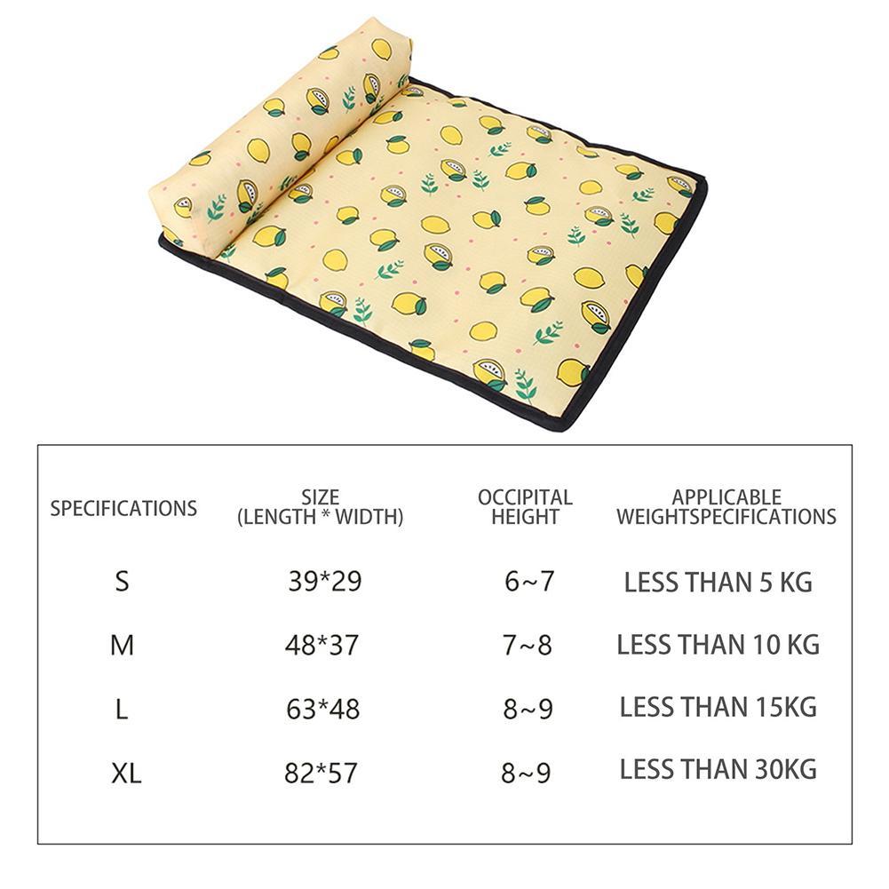 Pet Supplies Pet Pillow Mat Dog Multicolor Ice Pad a rectangular pet pillow mat with a multicolor design featuring various cartoonish animals, placed on a flat surface with a white background view with specification details