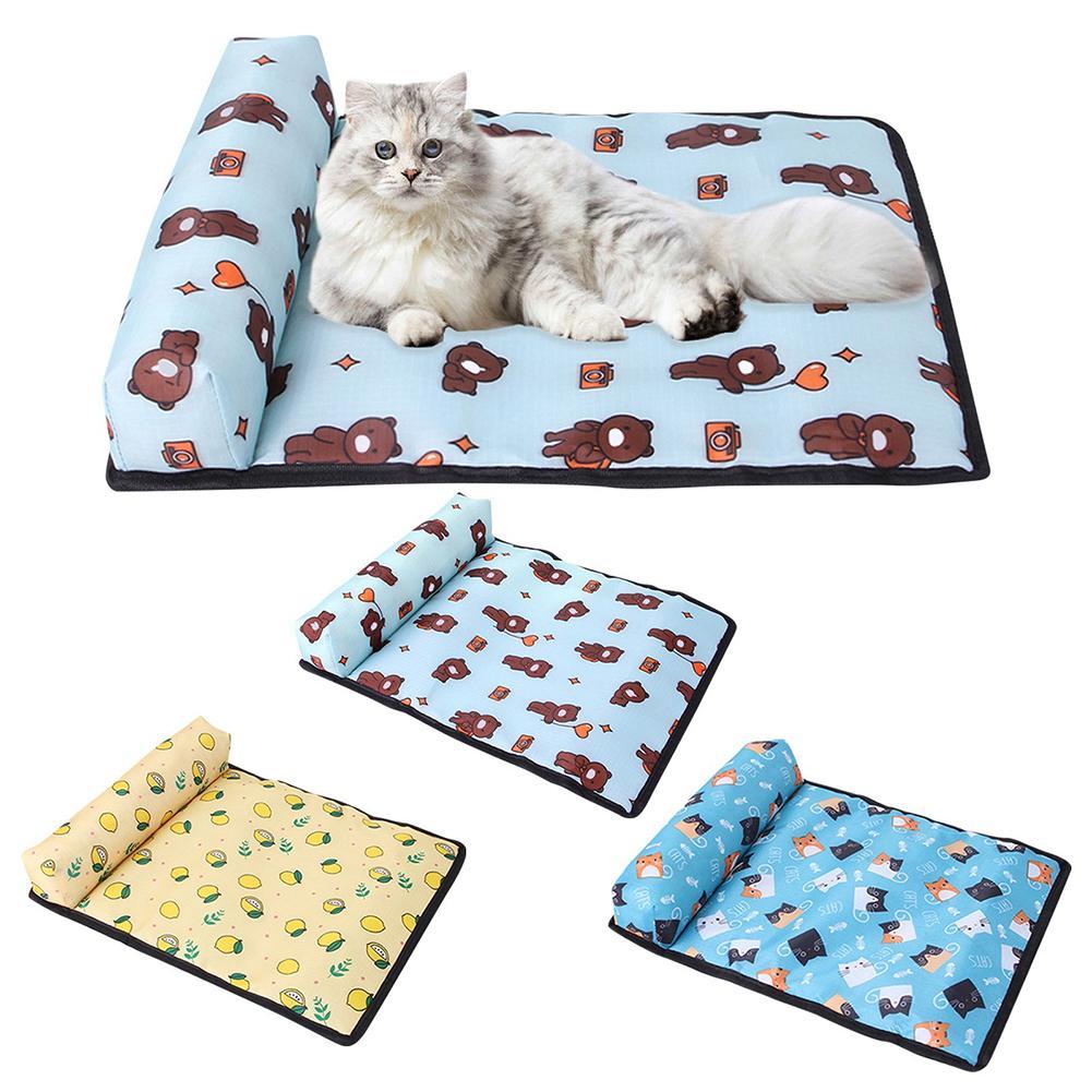 Pet Supplies Pet Pillow Mat Dog Multicolor Ice Pad four rectangular pet pillow mat with a multicolor design featuring various cartoonish animals, placed on a flat surface include a dog and cat lying on it